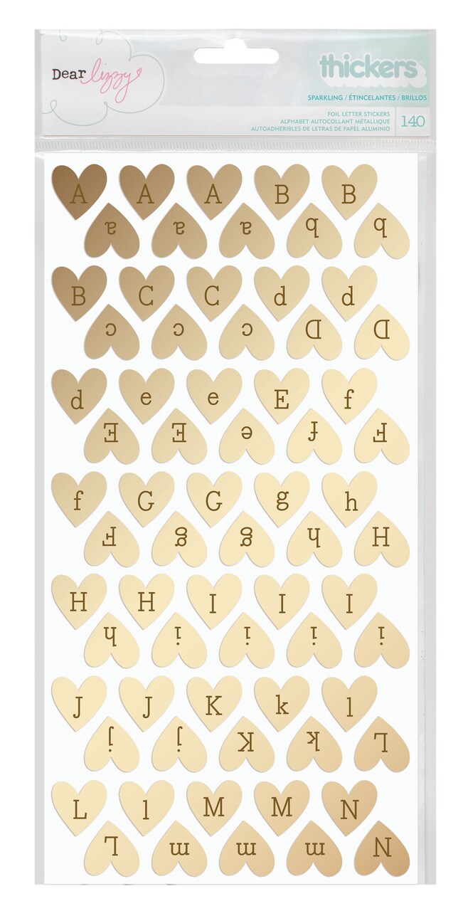 Dear Lizzy Fine & Dandy Thickers Alpha Stickers 5.5x11 2/Pkg-Sparkling Hearts/Gold Foiled Chipboard